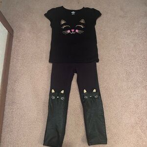 Girl’s Black Cat T-shirt w/ matching Black Cat leggings w/ leather shin detail